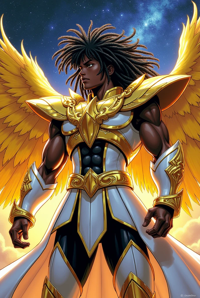 Create a Saint Seiya wearing the Swan armor,he is black with dreadlocks, colored manga art drawing