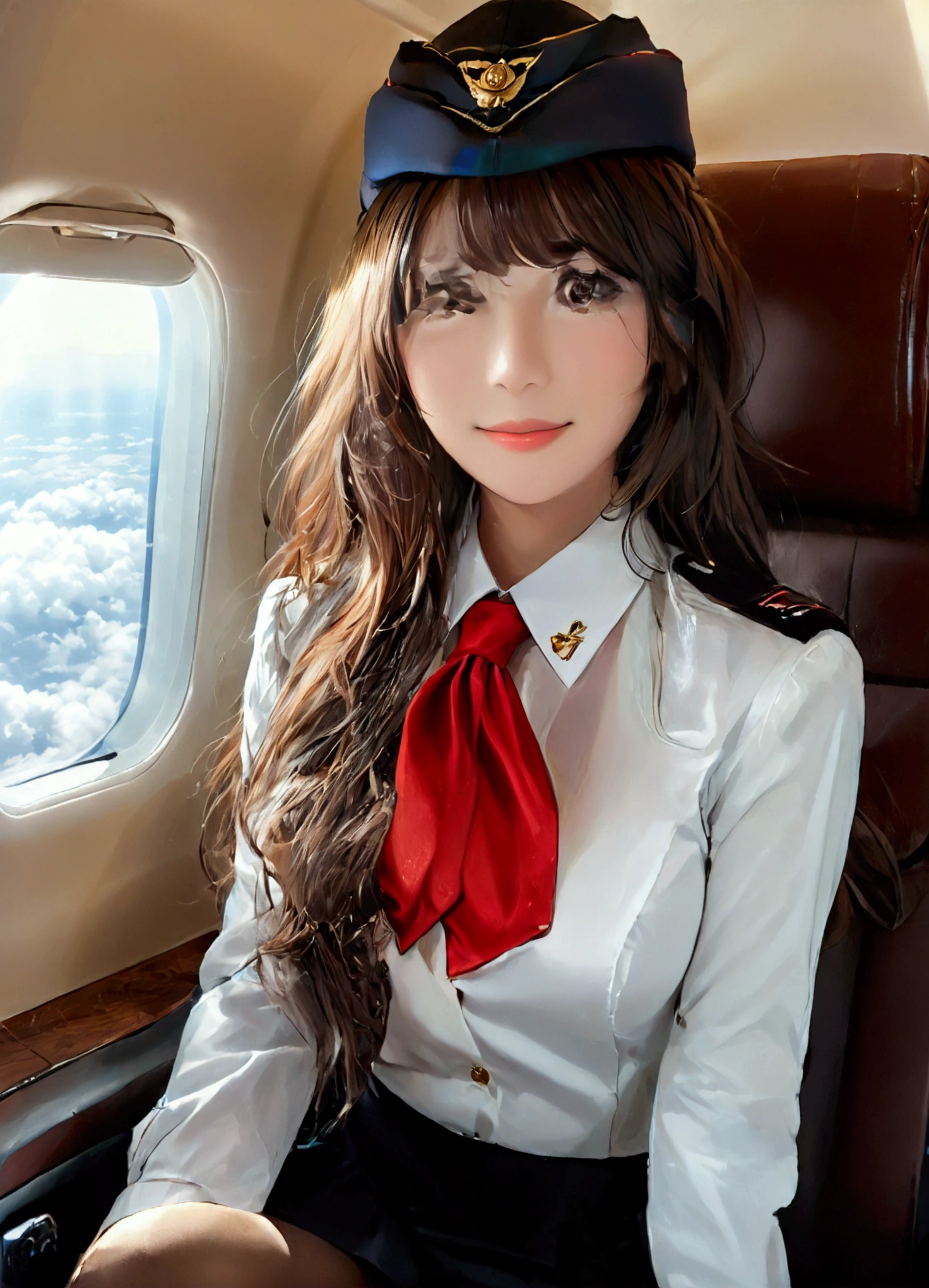 highest quality、table top、8k、best image quality、Award-winning work), one beautiful 20 year old Japanese woman、radiant beautiful skin , masterpiece、top-quality、The ultra -The high-definition、depth of fields、lens flare 1 girl、、brown hair, watching at viewers glares, large breasts , black stewardess uniform, ( red stewardess blazer:1.3), shirt, black short skirt, (black high heels), perfect legs, sitting across of me, Crossed legs, smiling , flight cabin, pantyhose