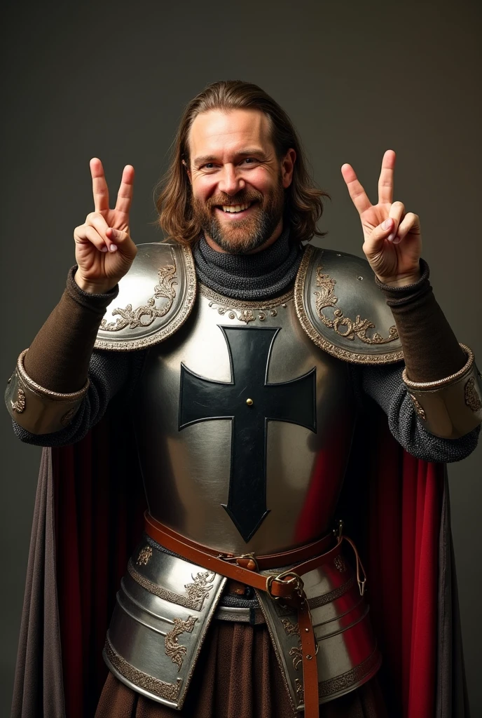 With both hands－Tono－Create a、, cinema shooting, standing pose, action pose,  12th century, One of the Teutonic Knights, (Germany man, 30 age-old, brown  hair, long hair, beard, mustache, big smile), make double V sign , Cover the whole body in armor, , The handle is cross-shaped, It is decorated, ((He wears a cloak with a Black  cross on his chest)),  Accurate,  ((Anatomically correct,Surrealism, uhd, retina, accurate, anatomically correct, textured skin, super detail, high details, best quality, 8k))