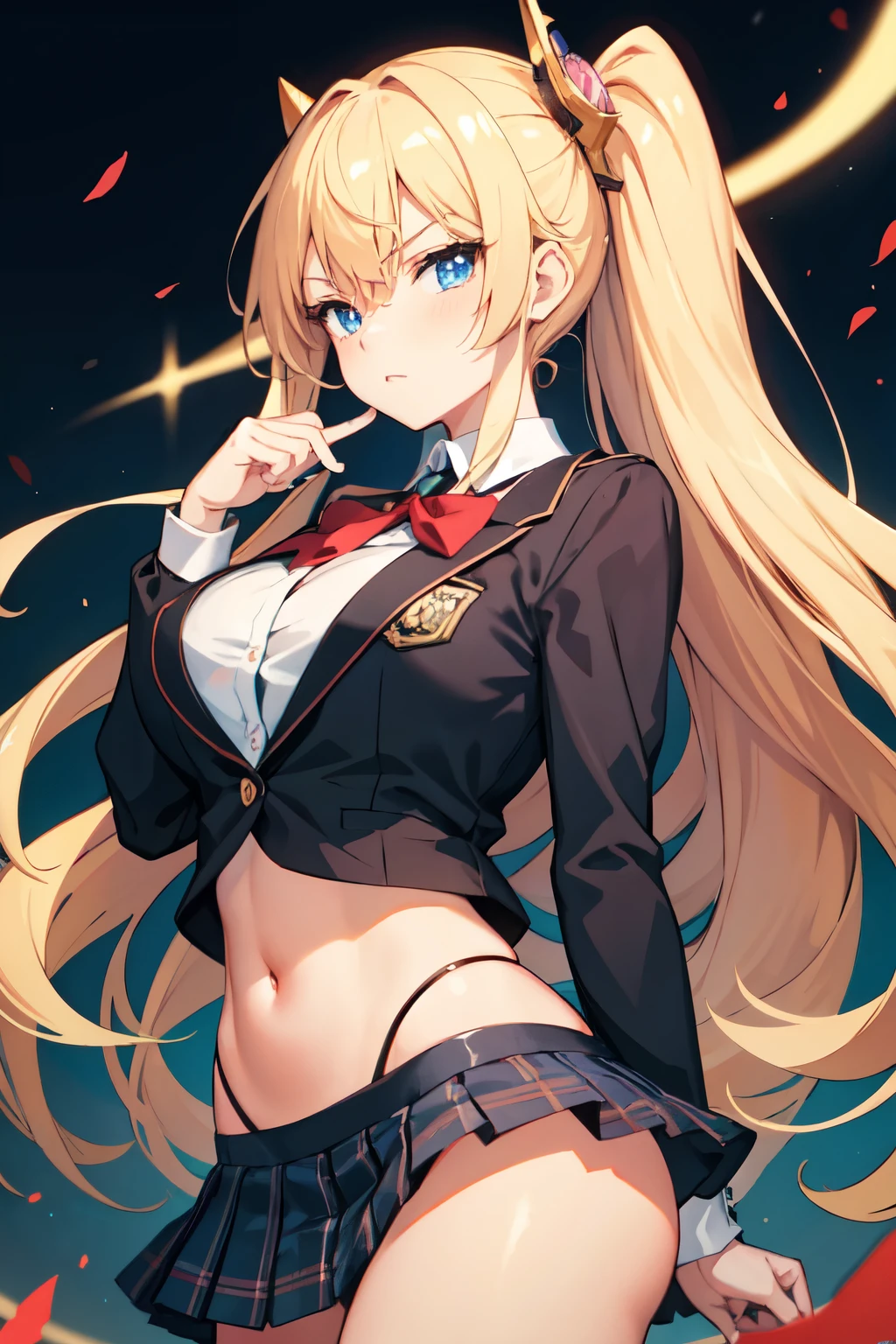 ((girl)), ((anime)), 1girl, long hair, blond hair, hime cut, 2 sidelocks, stern expression, dark blue eyes, fair skin, big breasts, honor student
