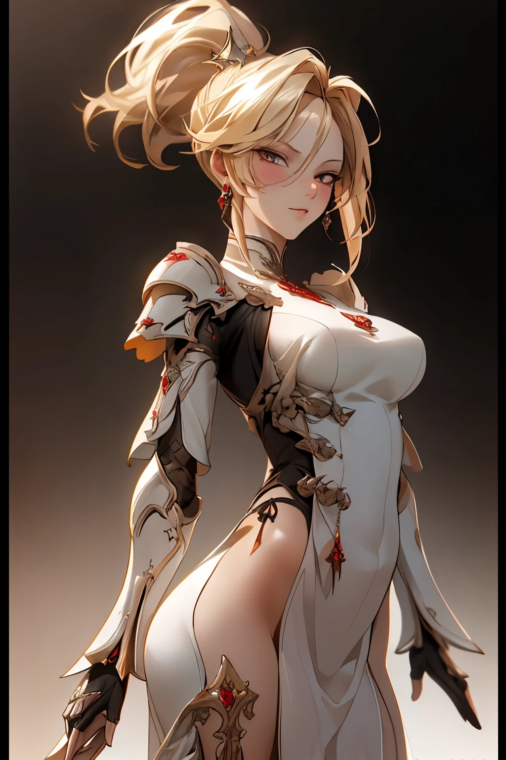 ((best quality)), ((Masterpiece)), (details:1.4), 3d, HDR (high dynamic range), amature woman, Blonde hair, High ponytail, Red eyes, hips up จมูกโด่ง, ปากแดง, หน้าอกใหญ่, nvidia RTX, PBR surface, After processing, Anisotropic filtration,depth of field, Maximum clarity and clarity, multi-layered surface, Subsurface scattering, perfect proportions, 8K raw files, ความละเอียดสุดยอด, Unreal 5, Perfect proportions, Octane Render, Two-tone lighting, Holy Knight, Heavy Red armor, jewely, ต่างหู