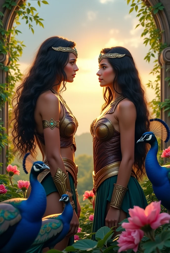 Young warrior and Amazon princess with dark, flowing hair, white skin and blue eyes. Wearing sexy clothes, looking at the horizon in the midst of a Themyscira garden with peacocks.