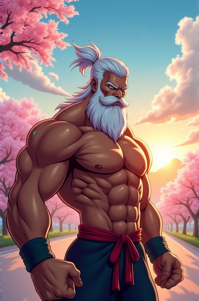 Generate an image of a muscular man with a milky white beard, dark-skinned, with a face full of motivation, about to start their morning anime-style training routine