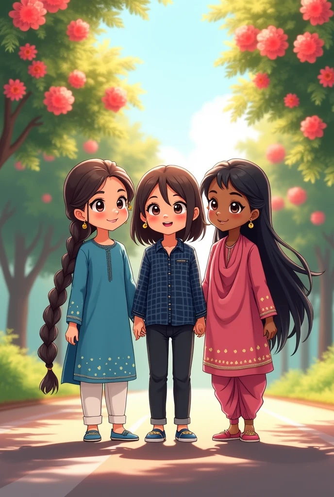 Anime Three cute girls standing on the beautiful road along with flowers blooming in trees on the side of the road, one chubby girl have a triangle face cut with very big triangle nose,very small height compared to others, very very long brided hair, little fair indian skin tone, wearing blue kurti with matching small earrings and footwear; another one girl have fair skin stone, slightly tall compared to others, long free hair, chubby girl with round face cut , wearing black jeans and dark blue checked boy's shirt with shoes; last girl have slightly Indian dusky skin tone and slim compared to others, round face cut ,wearing pink chudidar, dupatta with matching earrings and footwear, big nose, they are standing on the beautiful road with blossom trees