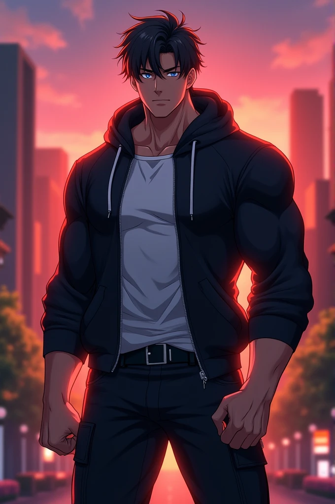 Muscular anime man, white, by the light red, blue eyes, white shirt with a black sweatshirt and black army pants.
