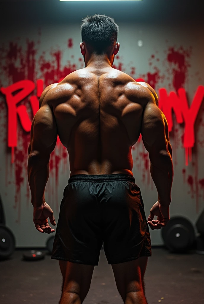 Yujiro hanma showing his biggest back with bloody lyrics gym
