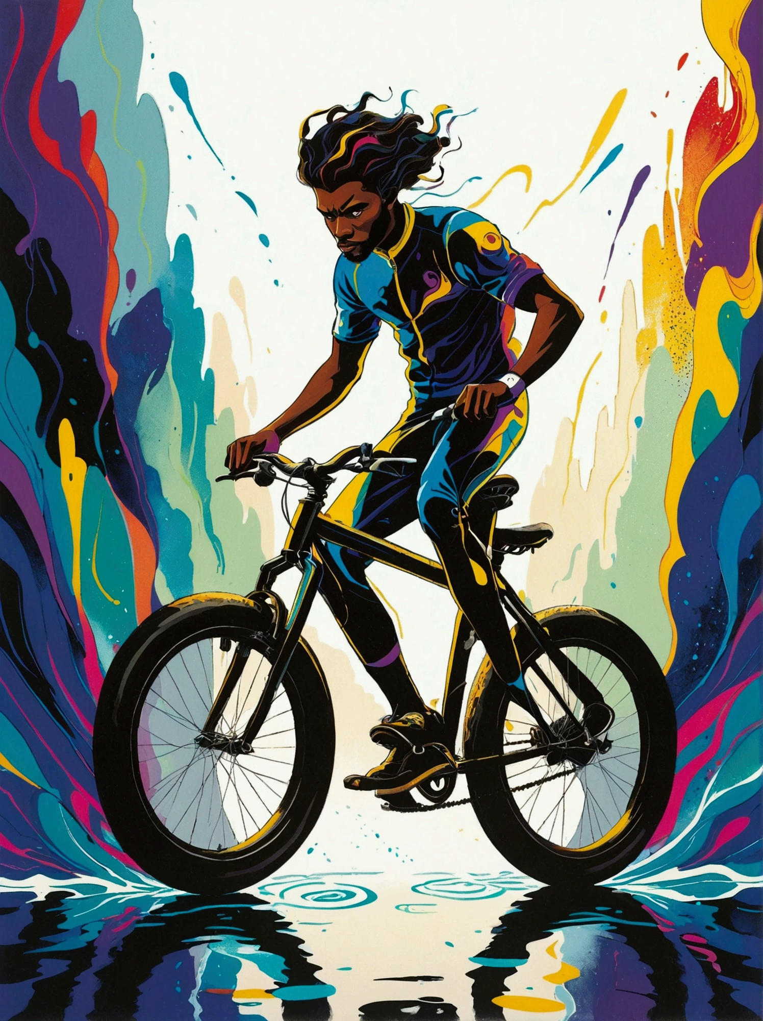 ([negative space:0.8:1.5]), Illustrate a daring and fearless individual performing a stunt where they are riding a bicycle on the surface of a calm lake. The rider, of ambiguous gender and Black descent, displays a strong and focused expression testifying their determination. In the midst of unfathomable adventure sports, the individual is portrayed mid-action, showcasing extreme sportsmanship. The scene should bear semblance to visible elements prominent in bright, vibrant color schemes, known characteristics of pre-1912 abstract art, and a splash of surrealism. Aim to capture the exhilaration and  of the moment like the imagery of a high-speed camera, freezing motion, and accentuating every detail in this fantastical reality. The image should whisper in dramatic undertones, 'YOU CAN DO IT', colorful cartoon-style illustration from an award winning animated movie, illustrated in bold outlines, showcasing its colors and shapes. The character is depicted adorned colorful energy against a white background, [mythical creature:0.8]