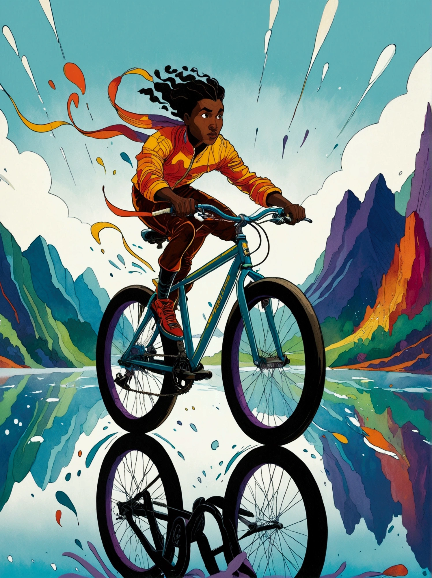 ([negative space:0.8:1.5]), Illustrate a daring and fearless individual performing a stunt where they are riding a bicycle on the surface of a calm lake. The rider, of ambiguous gender and Black descent, displays a strong and focused expression testifying their determination. In the midst of unfathomable adventure sports, the individual is portrayed mid-action, showcasing extreme sportsmanship. The scene should bear semblance to visible elements prominent in bright, vibrant color schemes, known characteristics of pre-1912 abstract art, and a splash of surrealism. Aim to capture the exhilaration and  of the moment like the imagery of a high-speed camera, freezing motion, and accentuating every detail in this fantastical reality. The image should whisper in dramatic undertones, 'YOU CAN DO IT', colorful cartoon-style illustration from an award winning animated movie, illustrated in bold outlines, showcasing its colors and shapes. The character is depicted adorned colorful energy against a white background, [mythical creature:0.8]