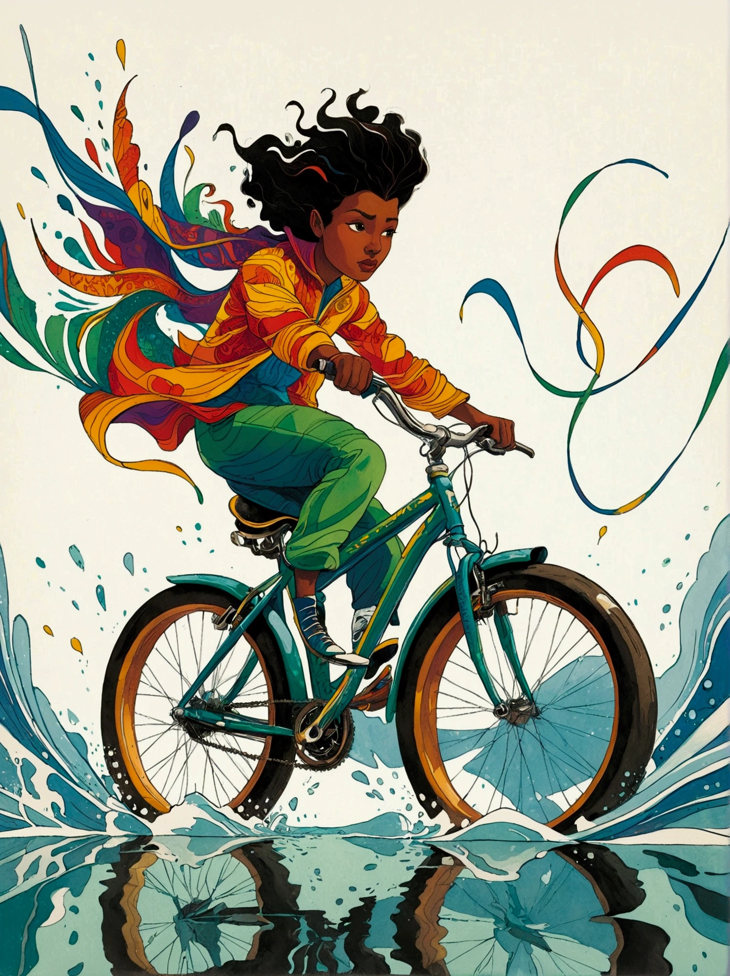 ([negative space:0.8:1.5]), Illustrate a daring and fearless individual performing a stunt where they are riding a bicycle on the surface of a calm lake. The rider, of ambiguous gender and Black descent, displays a strong and focused expression testifying their determination. In the midst of unfathomable adventure sports, the individual is portrayed mid-action, showcasing extreme sportsmanship. The scene should bear semblance to visible elements prominent in bright, vibrant color schemes, known characteristics of pre-1912 abstract art, and a splash of surrealism. Aim to capture the exhilaration and  of the moment like the imagery of a high-speed camera, freezing motion, and accentuating every detail in this fantastical reality. The image should whisper in dramatic undertones, 'YOU CAN DO IT', colorful cartoon-style illustration from an award winning animated movie, illustrated in bold outlines, showcasing its colors and shapes. The character is depicted adorned colorful energy against a white background, [mythical creature:0.8]