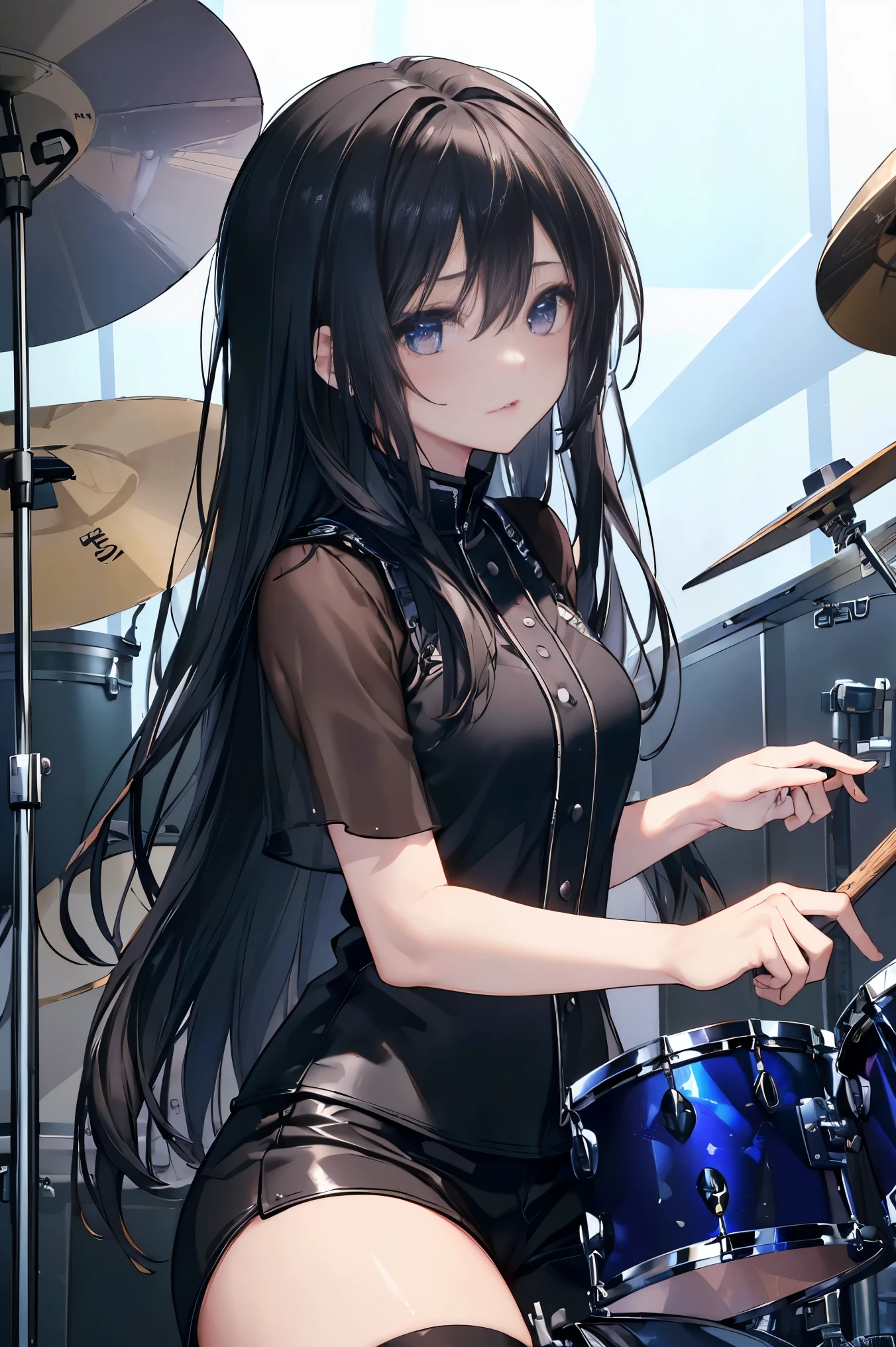 ((best quality)), ((masterpiece)), (detailed), perfect face, ((Best quality, 8k, Masterpiece: 1.3)), Sharp focus, Highly detailed face and skin texture, Detailed eyes, black hair, Rock band member, (playing drums), (drummer), YAMAHA drum set SBP2F5AZM, Shining sweat during performance, from above