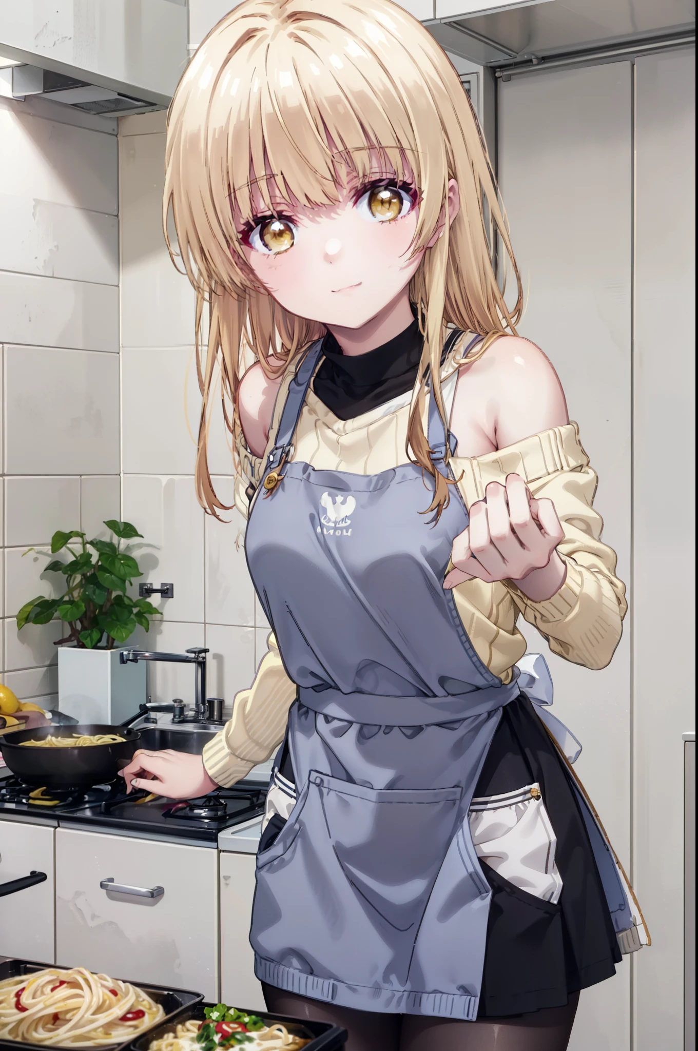 mahirushiina, mahiru shiina, Long Hair, bangs, Blonde, Brown Hair, (Yellow Eyes:1.3), smile,One-shoulder sweater,Apron,Skirt,Black pantyhose,kitchenで料理をする,Cooking pasta in a frying pan,whole bodyがイラストに入るように,
break indoors, kitchen,
break looking at viewer, whole body,
break (masterpiece:1.2), Highest quality, High resolution, unity 8k wallpaper, (figure:0.8), (Beautiful attention to detail:1.6), Highly detailed face, Perfect lighting, Highly detailed CG, (Perfect hands, Perfect Anatomy),