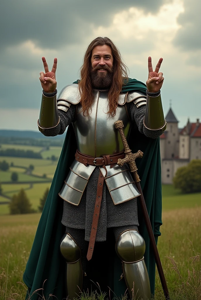 With both hands-Tono-Create a、, cinema shooting, standing pose, action pose, 12th century, One of the Teutonic Knights, (Germany man, 30 age-old, brown hair, long hair, beard, mustache, big smile), make double V sign , Cover the whole body in armor, , The handle is cross-shaped, It is decorated, ((He wears a cloak with a Black cross on his chest)), Accurate, ((Anatomically correct,Surrealism, uhd, retina, accurate, anatomically correct, textured skin, super detail, high details, best quality, 8k))