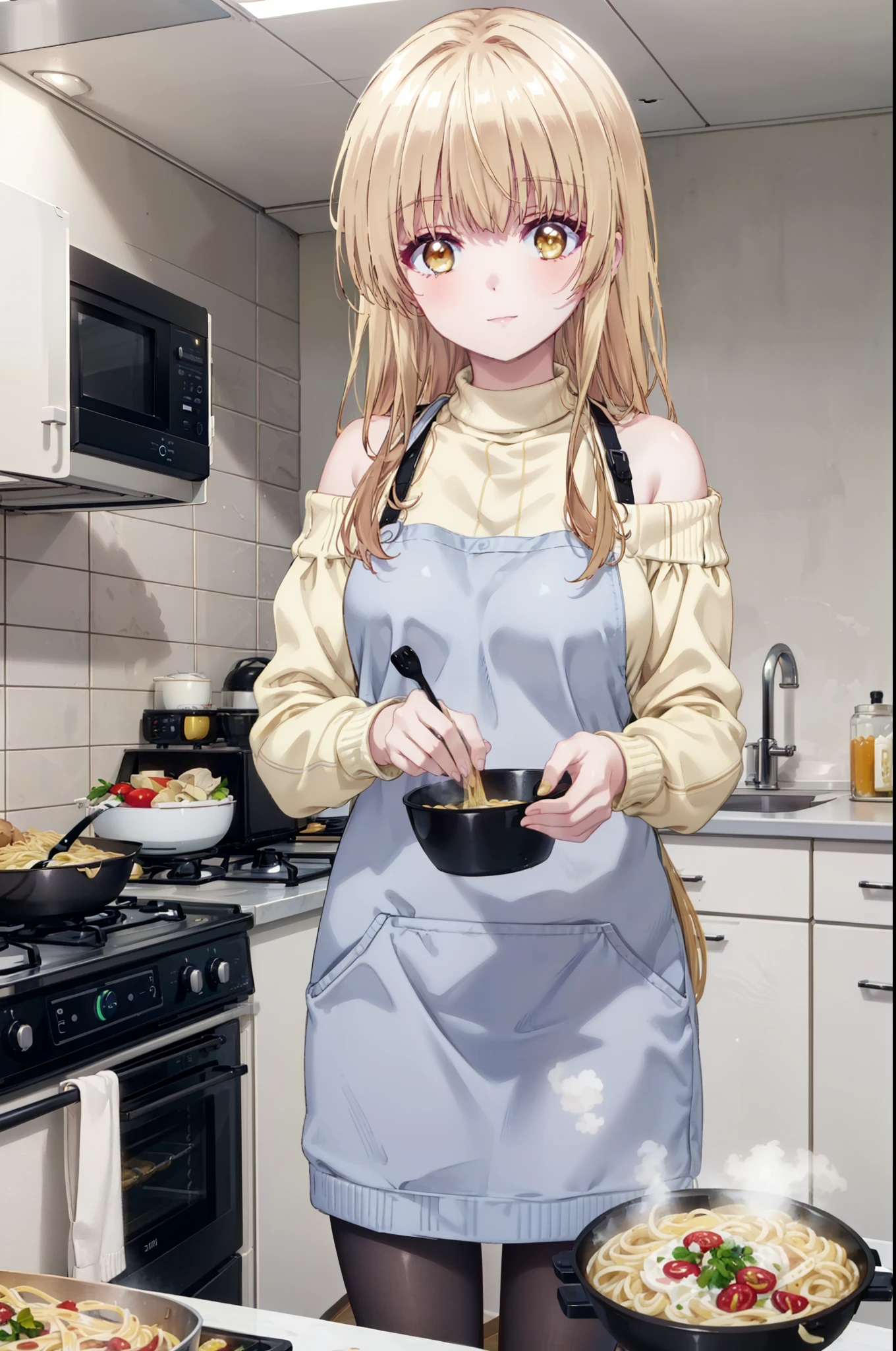 mahirushiina, mahiru shiina, Long Hair, bangs, Blonde, Brown Hair, (Yellow Eyes:1.3), smile,One-shoulder sweater,Apron,Skirt,Black pantyhose,kitchenで料理をする,Cooking pasta in a frying pan,whole bodyがイラストに入るように,
break indoors, kitchen,
break looking at viewer, whole body,
break (masterpiece:1.2), Highest quality, High resolution, unity 8k wallpaper, (figure:0.8), (Beautiful attention to detail:1.6), Highly detailed face, Perfect lighting, Highly detailed CG, (Perfect hands, Perfect Anatomy),