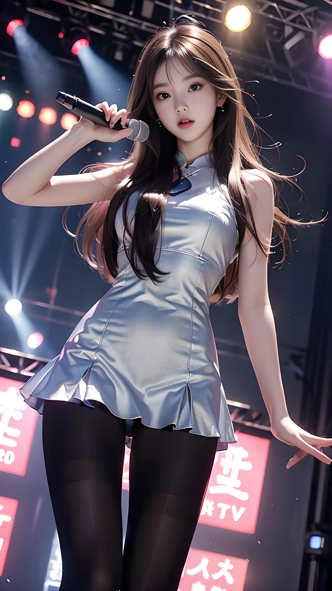 ulzzang-6500-v1.1, (RAW photo: 1.2), (Real photo), (Real photo: 1.4), 1 girl、Perfect anatomy、19 years old、Looking at the camera、Medium length hair、dress, Holding a microphone performing, ((performing on stage: 1.1))、(Hyperrealistic tights: 1.2), (Business service)、Asian eyes Ella,