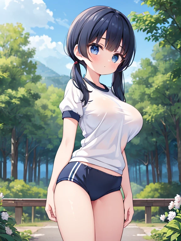 (Navy Blue Bloomers:1.3), Navy blue short-sleeved gym uniform, Large breasts, 1 girl, cute, Black hair twin tails, (Hall々Walk with:1.3), blue sky, forest, Forest road, Outdoor, Cowboy Shot, ((Highest quality)), ((masterpiece)), (detailed), Perfect Face, Perfect Arms, (Perfect hands), (Perfect Fingers), anime, Ultra-fine illustration,
