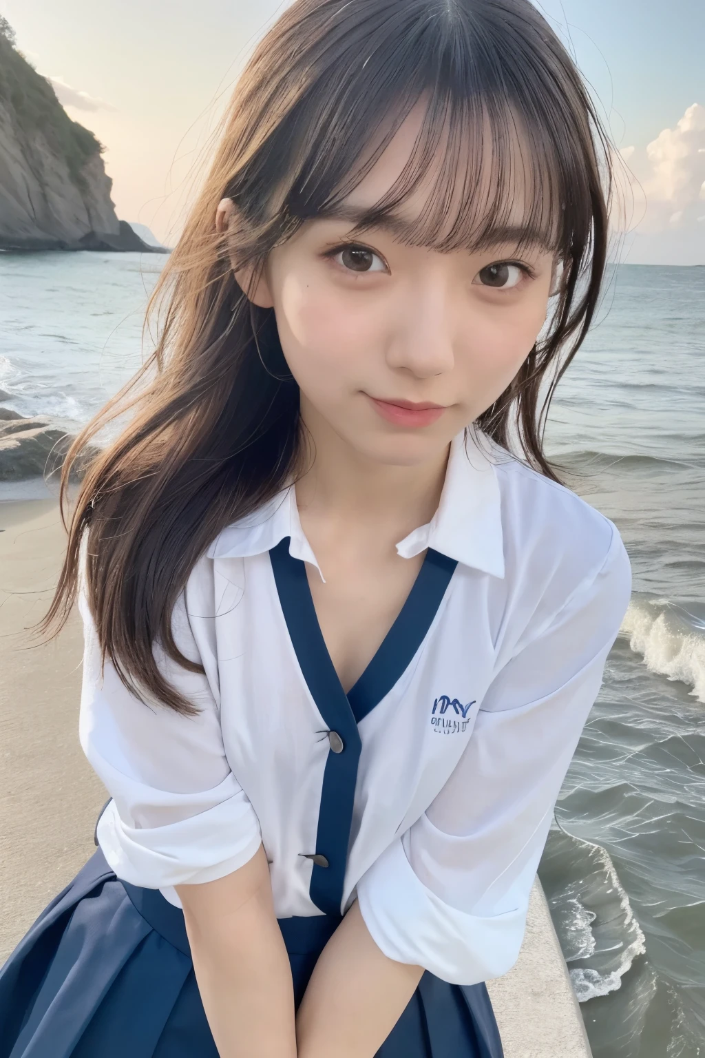 realistic, photogenic, full-body footage, with the sea in the background, wearing school uniform, the top button of the upper cloth is open, a little exposed at chest, skirt is short and just reaching above the thighs, medeum-length hair, hair color mixes bronde and brown, hair is blowing in the wind, hair is shaggy and dishevelled, very sunburned and tanned skin, slendar figure, small breasts, no makeup, small mouth, small nose, smooth shaped jawline, glossy face, heavy flushed cheeks, big smile while open mouth, flirting, looks like having a great time, easing someone, detailed eyes, slanted eyebrows, winking, detailed lips, photorealistic, highly detailed, 8k, best quality, masterpiece, vibrant colors, dramatic lighting, cinematic composition, digital art