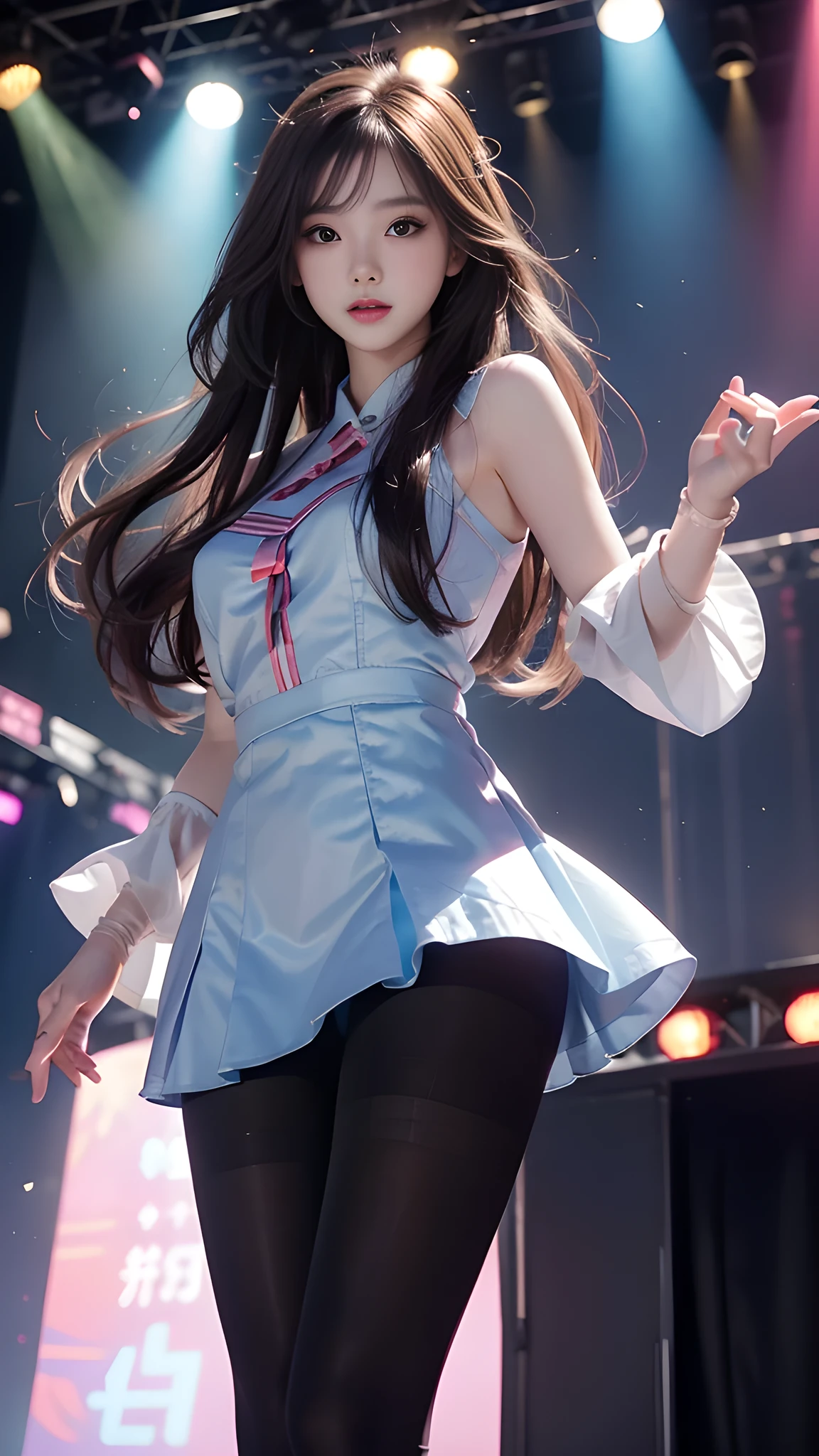 ulzzang-6500-v1.1, (RAW photo: 1.2), (Real photo), (Real photo: 1.4), 1 girl、Perfect anatomy、19 years old、Looking at the camera、Medium length hair、dress, Holding a microphone performing, ((performing on stage: 1.1))、(Hyperrealistic tights: 1.2), (Business service)、Asian eyes Ella,