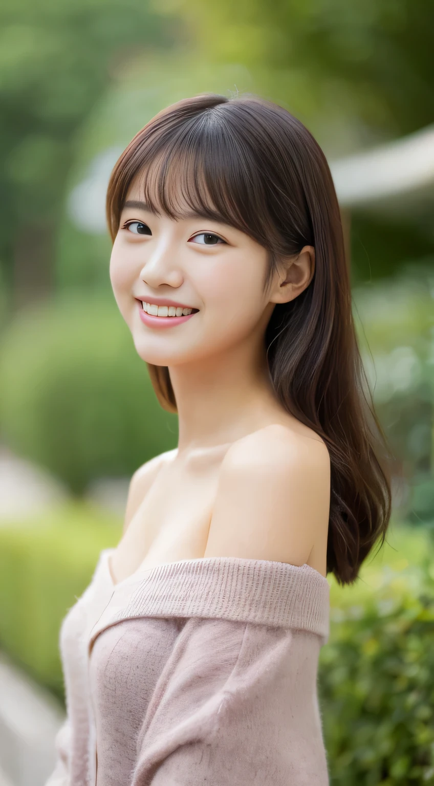 masterpiece,best quality,(Japanese girl),((Beautiful girl)),cleavage,(off shoulder:1.2),(perfect body beauty:1.2),(shy smile),beautiful teeth,From slightly above
