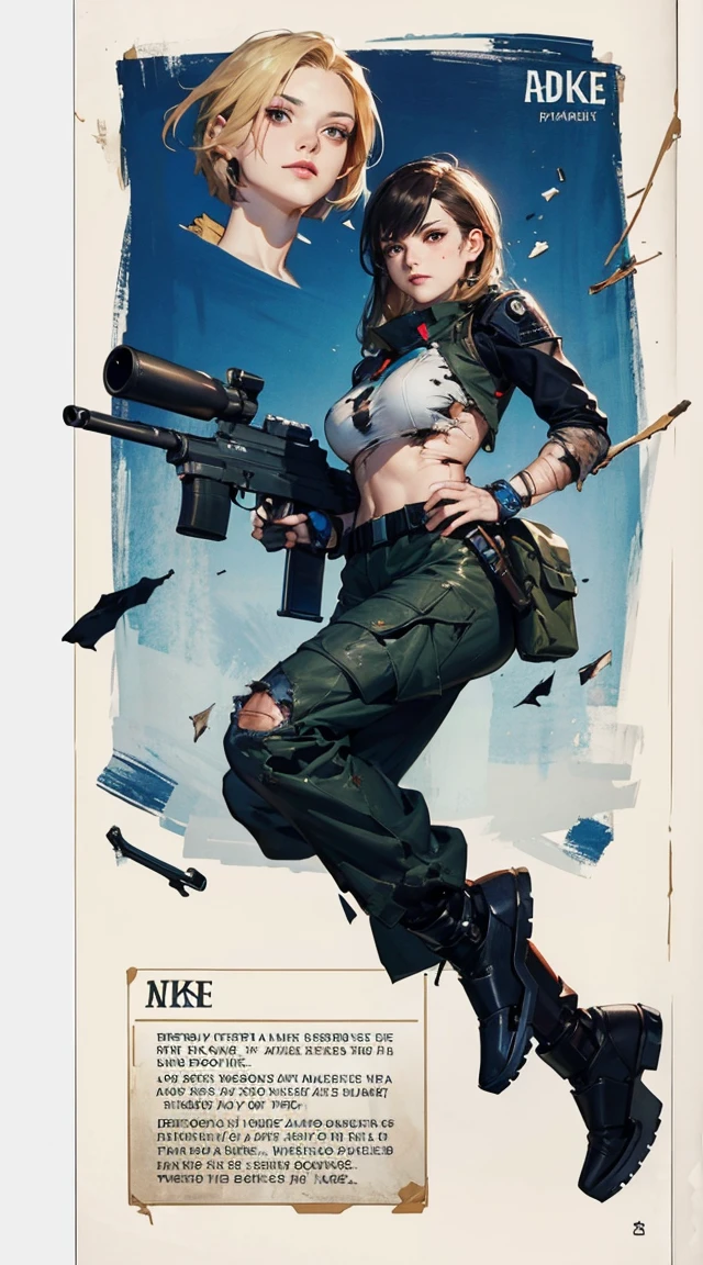 masterpiece, high quality, detailed art, concept art, character concept, Nikke, goddess of victory character, (battle android model), female character android, (wearing [military|elegant|sexy:0.33] future outfit uniform with straps and accessories, cargo pants, military vest), (holding weapon), action pose, battle damage, (visible (damaged:1.35) (character android body parts:1.3):1.15), (wallpaper, screensaver)