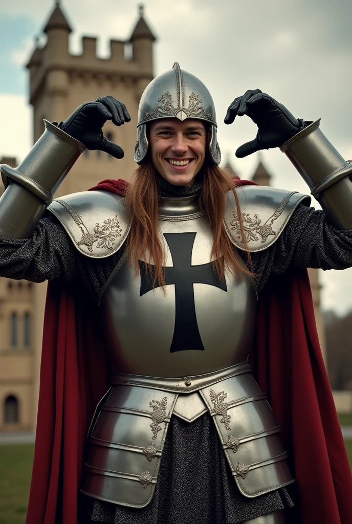With both hands　make heart sign, cinema shooting, standing pose, action pose,  12th century, One of the Teutonic Knights, (Germany man, 30 age-old, brown  hair, long hair, beard, mustache, big smile), make double V sign , Cover the whole body in armor, , The handle is cross-shaped, It is decorated, ((He wears a cloak with a Black  cross on his chest)),  Accurate,  ((Anatomically correct,Surrealism, uhd, retina, accurate, anatomically correct, textured skin, super detail, high details, best quality, 8k))
