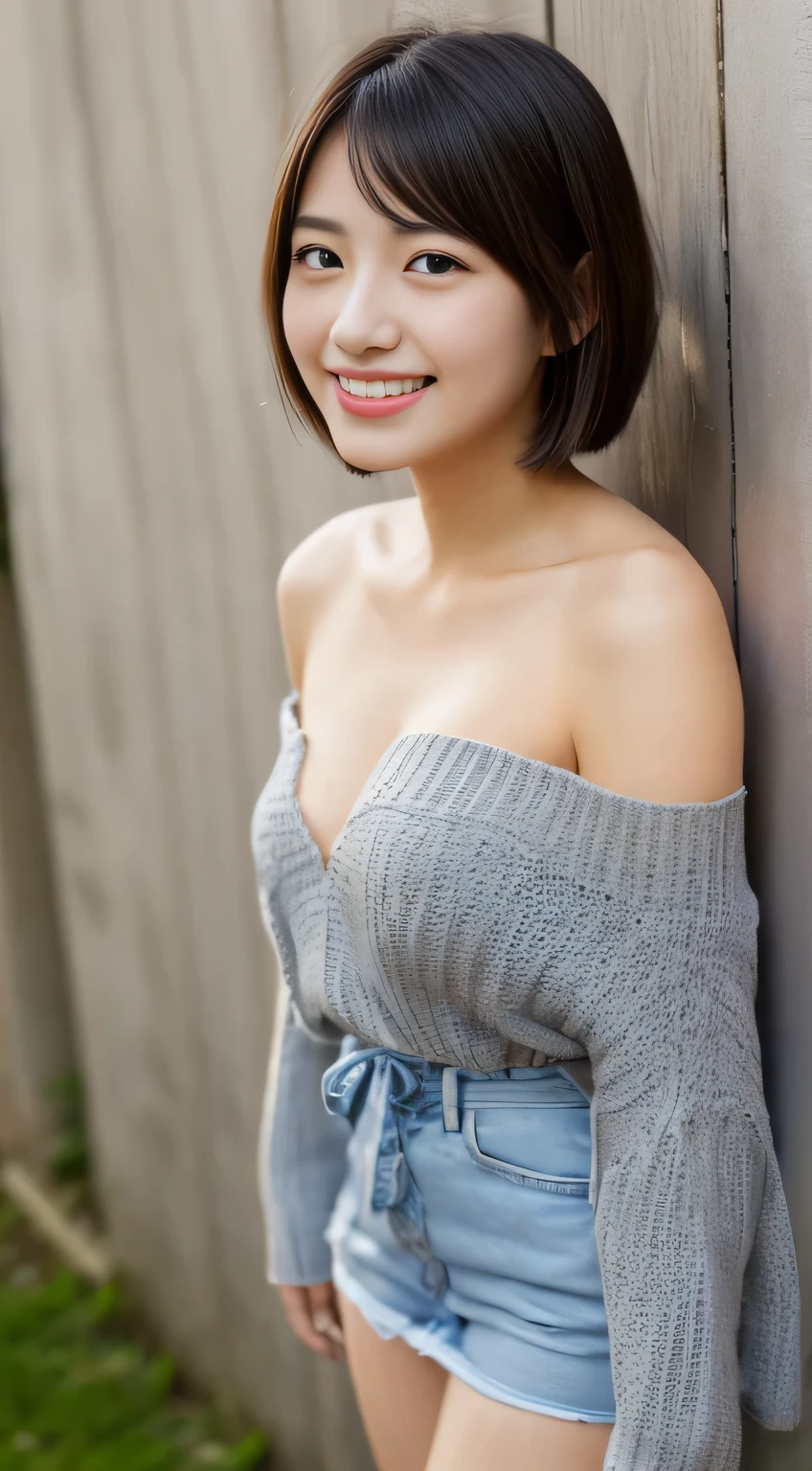 masterpiece,best quality,(Japanese girl),((Beautiful girl)),cleavage,(off shoulder:1.2),(perfect body beauty:1.2),(shy smile),beautiful teeth,From slightly above