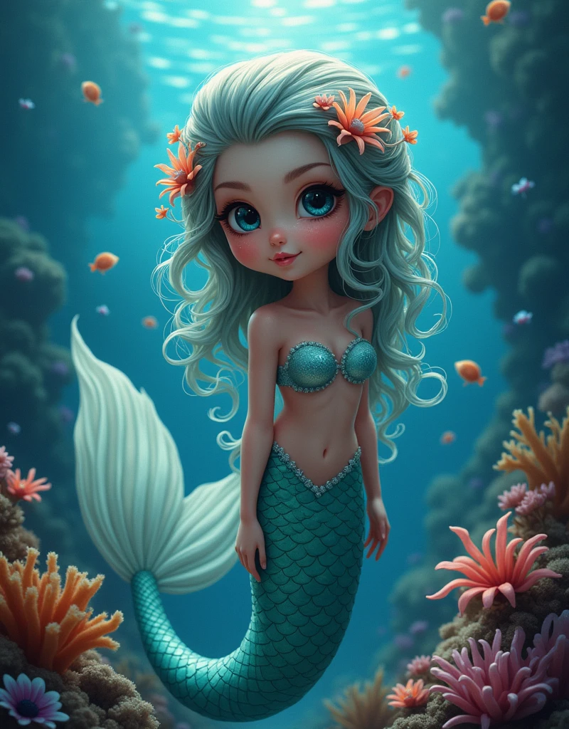 1girl, cute mermaid, anime, (hyper realistic digital art), (in oil painting), beautiful detailed eyes, beautiful detailed lips, extremely detailed face, long eyelashes, mermaid tail, underwater scene, ocean, coral reef, tropical fish, bioluminescent plankton, (best quality,4k,8k,highres,masterpiece:1.2),ultra-detailed,(realistic,photorealistic,photo-realistic:1.37), vibrant colors, dramatic lighting, ethereal atmosphere, fantasy art