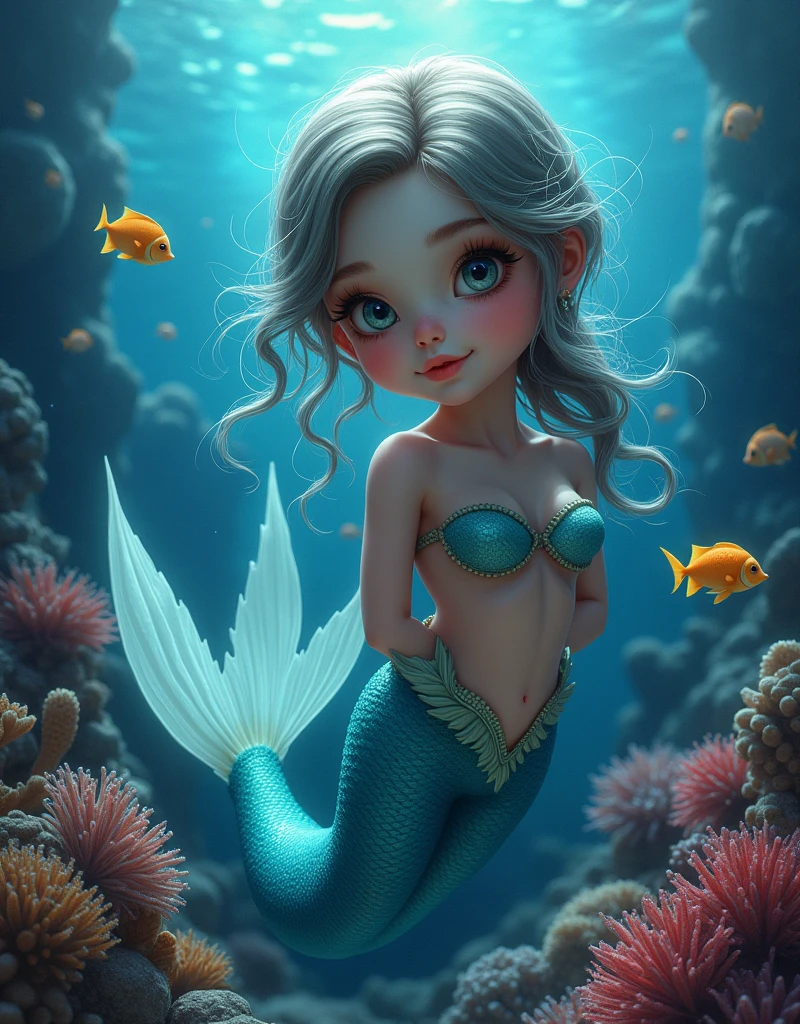 1girl, cute mermaid, anime, (hyper realistic digital art), (in oil painting), beautiful detailed eyes, beautiful detailed lips, extremely detailed face, long eyelashes, mermaid tail, underwater scene, ocean, coral reef, tropical fish, bioluminescent plankton, (best quality,4k,8k,highres,masterpiece:1.2),ultra-detailed,(realistic,photorealistic,photo-realistic:1.37), vibrant colors, dramatic lighting, ethereal atmosphere, fantasy art