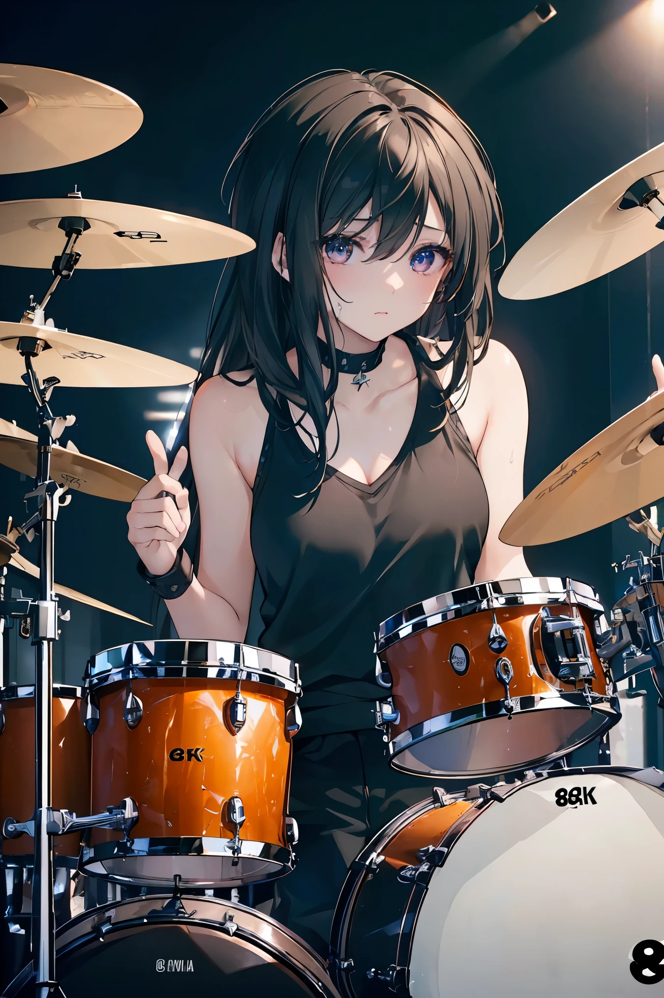 ((best quality)), ((masterpiece)), (detailed), perfect face, ((Best quality, 8k, Masterpiece: 1.3)), Sharp focus, Highly detailed face and skin texture, Detailed eyes, black hair, Rock band member, (playing drums), (drummer), Drumsticks, YAMAHA drum set SBP2F5AZM, Shining sweat during performance, from above