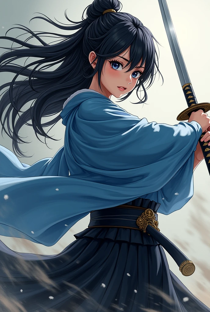 A young and beautiful person,(Highest quality,Extremely detailed depiction,Incredibly absurd high resolution,Anatomically accurate depiction,Nice hands,Perfect Fingers,Curvy Legs,Shiny skin),(Anime samurai girl:1.5),(Blue kimono,Black Hakama,Holding a sword in his hand,with a katana scabbard at her waist),eyelash,(Black Eyes,Black Hair),(Sweat,whole body,Hair blowing in the wind,Waving a sword),Anime Art,
