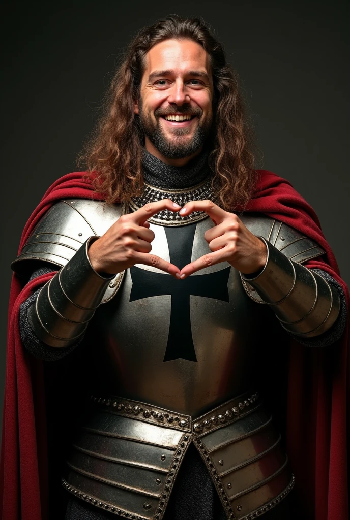 front chest ,With both hands make heart sign, cinema shooting, standing pose, action pose, 12th century, One of the Teutonic Knights, (Germany man, 30 age-old, brown hair, long hair, beard, mustache, big smile), make double V sign , Cover the whole body in armor, , The handle is cross-shaped, It is decorated, ((He wears a cloak with a Black cross on his chest)), Accurate, ((Anatomically correct,Surrealism, uhd, retina, accurate, anatomically correct, textured skin, super detail, high details, best quality, 8k))
