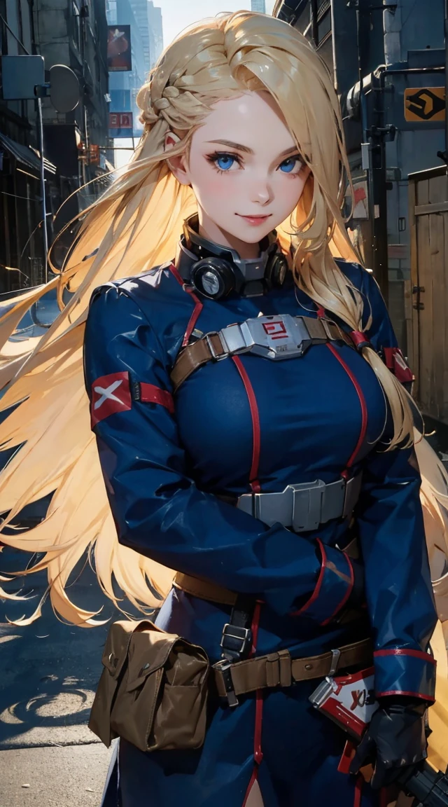 ruanyi0300, armor, belt, gloves, mecha, robot, goggles, holding weapon, m4 carbine, assault rifle, holding gun,, absurdres, ultra detailed, masterpiece, best quality, aesthetic, detailed,, solo, soft smile, light smile,
katya1, 1girl, blue eyes, very long hair, blonde hair, long blonde hair, french braid, bangs, medium breasts,