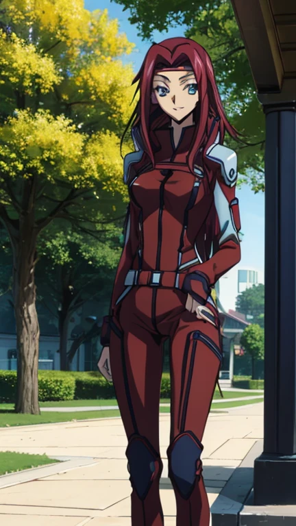 score_9, score_8, score_7, Code Geass_anime, Karen, Red hair and blue eyes, Dark red bodysuit, smile, cute, garden, Day, Highest quality, masterpiece+