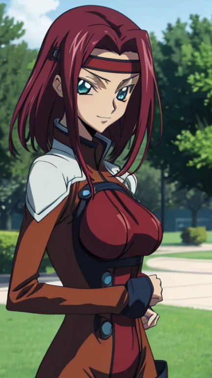 score_9, score_8, score_7, Code Geass_anime, Karen, Red hair and blue eyes, Dark red bodysuit, smile, cute, garden, Day, Highest quality, masterpiece+