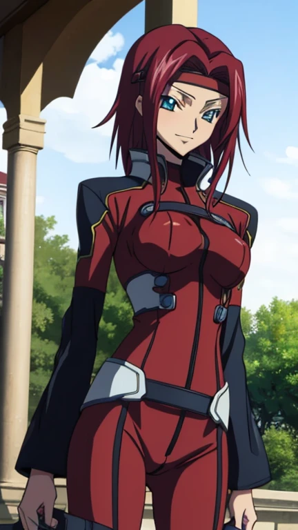 score_9, score_8, score_7, Code Geass_anime, Karen, Red hair and blue eyes, Dark red bodysuit, smile, cute, garden, Day, Highest quality, masterpiece+