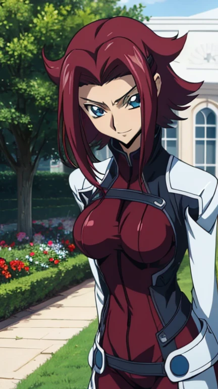 score_9, score_8, score_7, Code Geass_anime, Karen, Red hair and blue eyes, Dark red bodysuit, smile, cute, garden, Day, Highest quality, masterpiece+