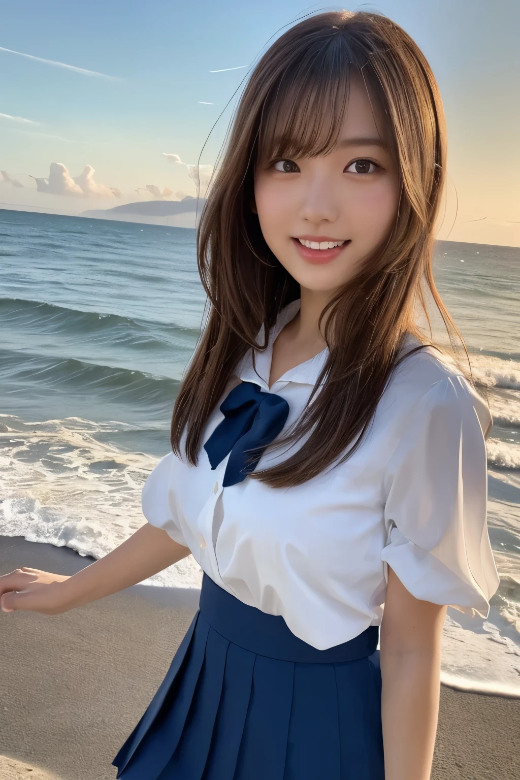 realistic, photogenic, close-up shot, with the sea in the background, wearing school uniform, a little exposed at chest, short skirt, medeum-length hair, hair color mixes bronde and white, hair is blowing in the wind, hair is shaggy and dishevelled, very sunburned and tanned skin, medium build a little bit chubbily figure, small breasts, no makeup, small mouth, small nose, smooth shaped jawline, glossy face, heavy flushed cheeks, big smile while open mouth, flirting, having a great time, detailed eyes, slanted eyebrows, detailed lips, photorealistic, highly detailed, 8k, best quality, masterpiece, vibrant colors, dramatic lighting, cinematic composition, digital art