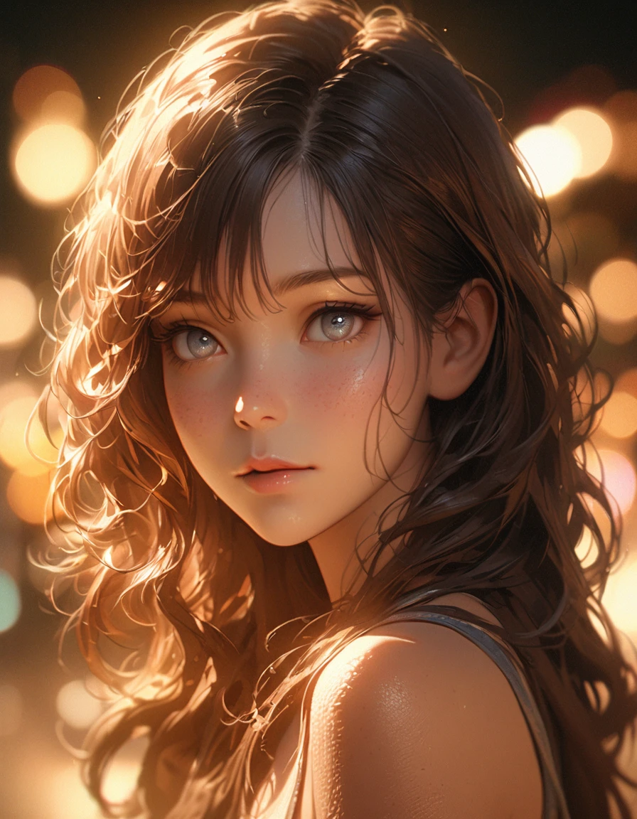 film portrait photography, 1girl, bare shoulders, wavy shoulder-length hair, serene, calm, (realistic detailed eyes, natural skin texture, realistic face details), soft dramatic lighting, depth of field, bokeh, vibrant details, finely detailed, hyperrealistic, 35mm film, hazy blur, filmg,