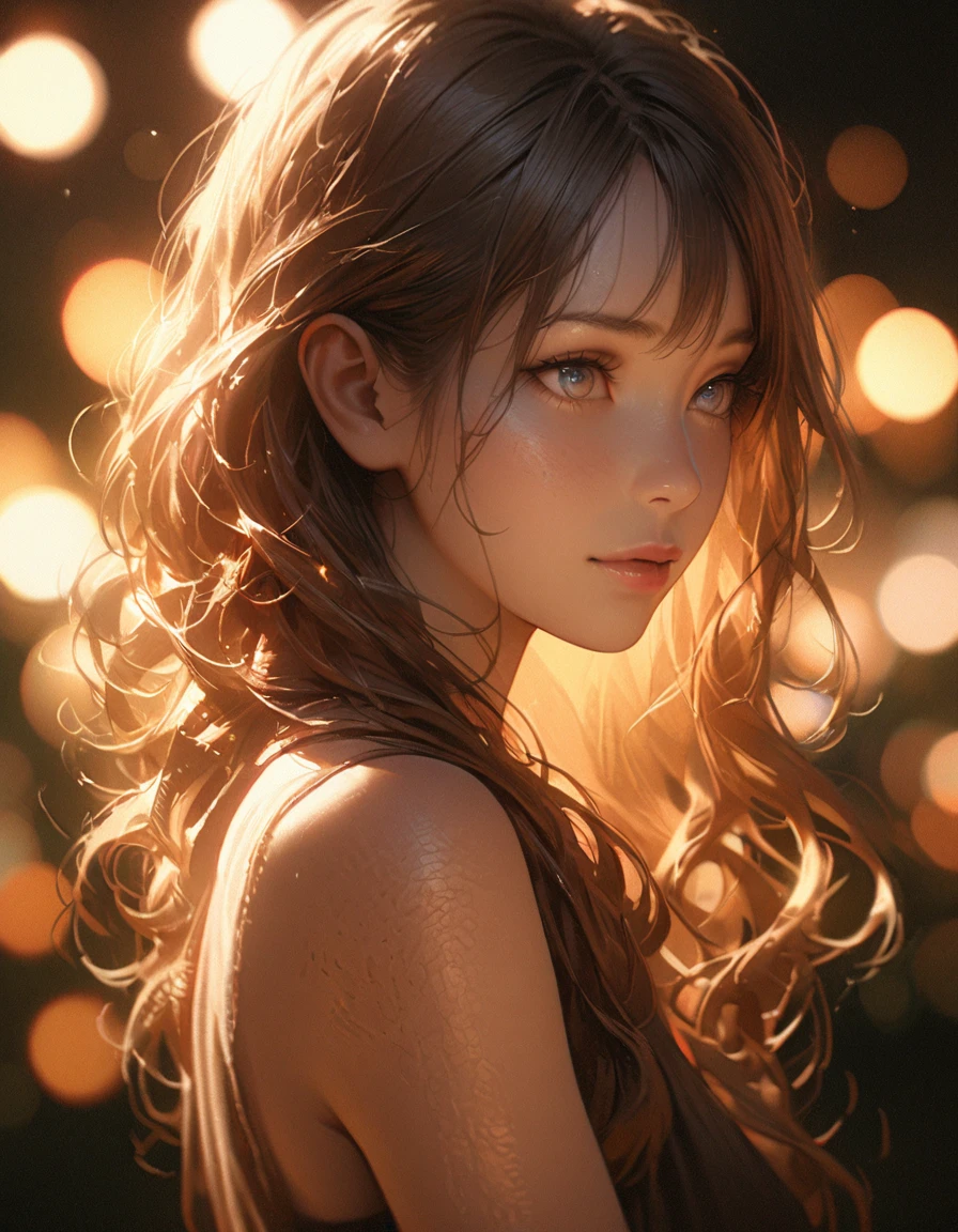 film portrait photography, 1girl, bare shoulders, wavy shoulder-length hair, serene, calm, (realistic detailed eyes, natural skin texture, realistic face details), soft dramatic lighting, depth of field, bokeh, vibrant details, finely detailed, hyperrealistic, 35mm film, hazy blur, filmg,