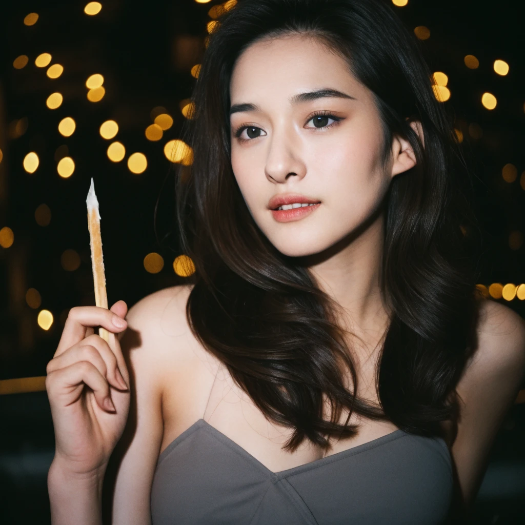 1girl, quite a bit body, Realistic photograph best quality portrait of a beautiful gorgeous young cute Asian woman, 24yo., looking at viewer, detailed face, Realistic texture human skin, bright glowing face, curved eyebrows, droopy hooded eyes, low nasal bridge, wavy nose, wind tousled bob hair, (((young Marion Cotillard blended face mixed with young Anne Hathaway))), wearing fossil grey camisole, hand up on hair, flirting smiling portrayal, ethereal girl, intimate lighting sturdy, real photo, brown eyes, best quality, masterpiece, sensually licking a melted popsicle, celebrating, a spectacular colorful firework show, the lights are shaped in a flower, in the dark night sky, festive, Leica SL3, Summicron-SL 75mm ASPH, F/1.8, (cinematic still:1.2), Film Never Die Kiro 400 film, bokeh, rim lighting, silhouette, shallowed depth of field,