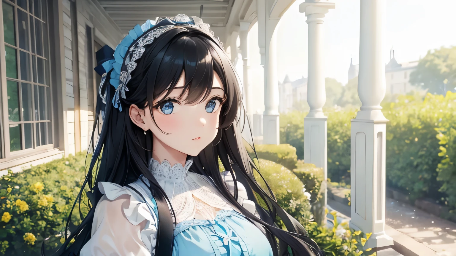 A beautiful woman wearing a pale blue and white pannier dress with lots of frills and lace. Long black hair half-up with hair accessories Upper Body lipstick