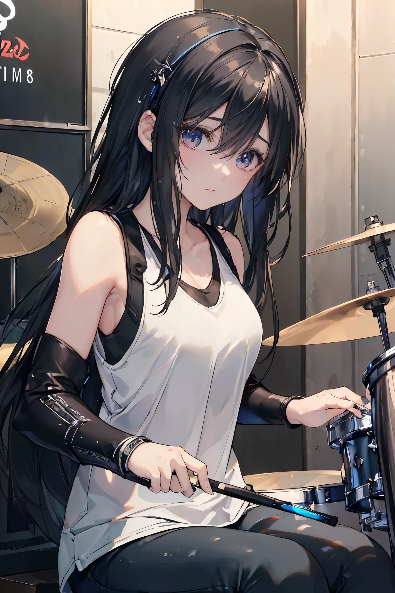 ((best quality)), ((masterpiece)), (detailed), perfect face, ((Best quality, 8k, Masterpiece: 1.3)), Sharp focus, Highly detailed face and skin texture, Detailed eyes, black hair, Rock band member, (playing drums), (drummer), Drumsticks, YAMAHA drum set SBP2F5AZM, Shining sweat during performance, White tank top, black jeans