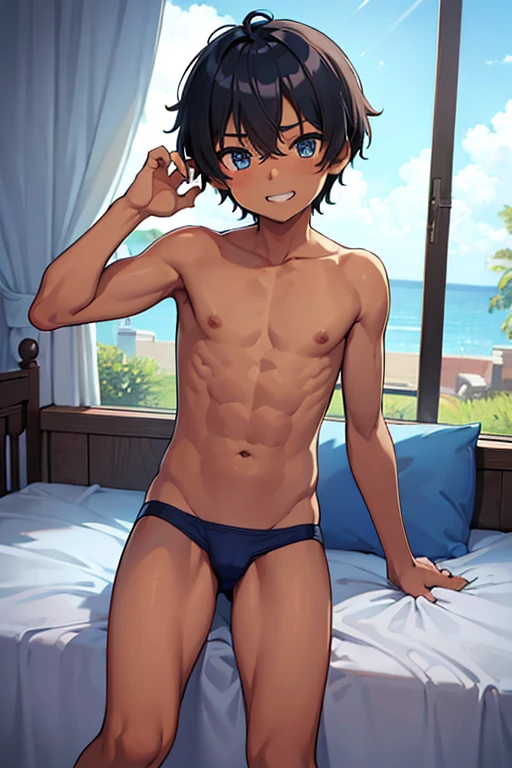 ((((masterpiece)))), high quality, perfect face,(best quality), expressive eyes, shirtless, cute boy,cheerful grin, nsfw,((pull blue swimming brief)),(dark skin), black hairShort hair, (((bed)))