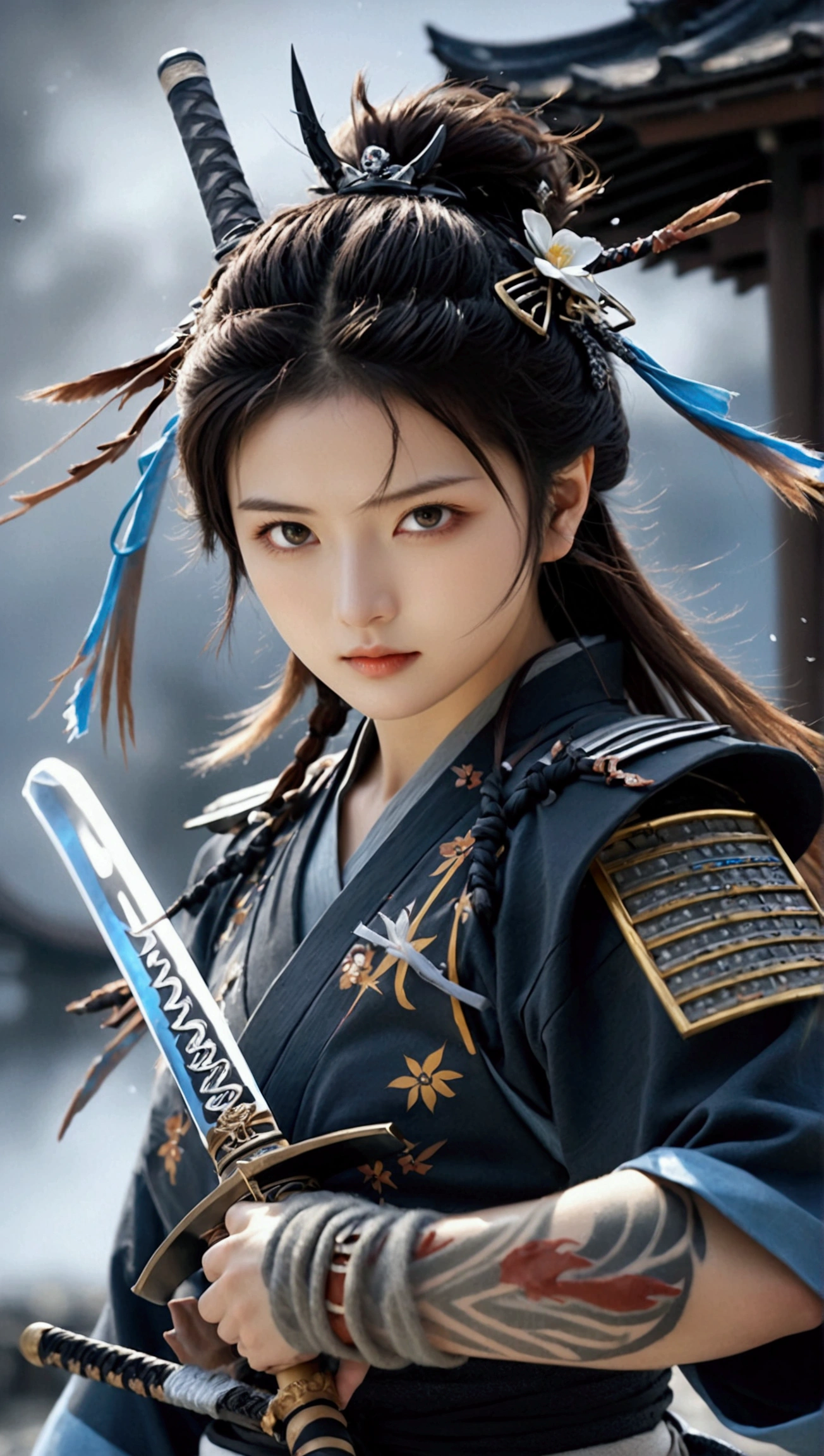 (Japanese sword &reference;Muramasa 2&reference;.2)Beautiful 27 year old woman、Japanese women、Tie your hair back、Hair ornament artist、Shinobi Costume、Warrior、Clear Eyes、{Arm tattoo(SakuraFubuki}'Back Tattoo、Warrior、(Japanese swordを両手で構える、1.3)(Japanese sword1.2)Intermediate position、In front of the body、(Holding a sword horizontally 1.3)、whole body、Long Blade Sword、Realistic battle scenes、敵Warriorの返りBlood、Blood、High resolution、Highest quality、Very detailed、8k、background、The castle is burning、Sparks fly、