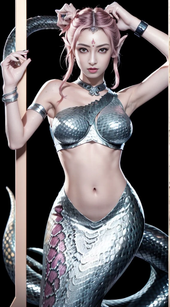 White Snake Ji，((Best picture quality, 8k, tmasterpiece:1.3)), Lady, Slender Abs:1.3, (Casual hairstyle, No leakage of big breasts:1.2), Delicate golden scales:1.3, （mermaids：1.2），（Elongated S-shaped snake tail：1.3），Ultra-fine face, A detailed eye, double eyelid，Meticulous hands，Cold，graceful and dignified，（A look of desire and dissatisfaction），（nakeness:1.2），Raised sexy，They want，Letter tattoos，8k、、((Gal Makeup))、((Ancient Greek ornaments　Bracelet、hair ornaments、first round))、((long Hairstyle))、(Ancient City)、Lower body is a snake、Snake Woman、(silver and pink gradation hair)、((Fisheye Lens))、silver mist、Super Real Photo、Tattoo on the right shoulder、Tattoo on left arm、A tattoo of Greek letters、Bun Hair、Snakeskin one-shoulder bag with jewels、(She wears bracelets on her upper arms.)、(Twin tails)、((underboob))、(A fantastic gold bra made of metal material)、(Low - Angle　Camera angle)、Show your fangs、(((It has four arms.　Kali goddess)))、((Ganesha))(Black Nail)、This is coming at me with all its might.