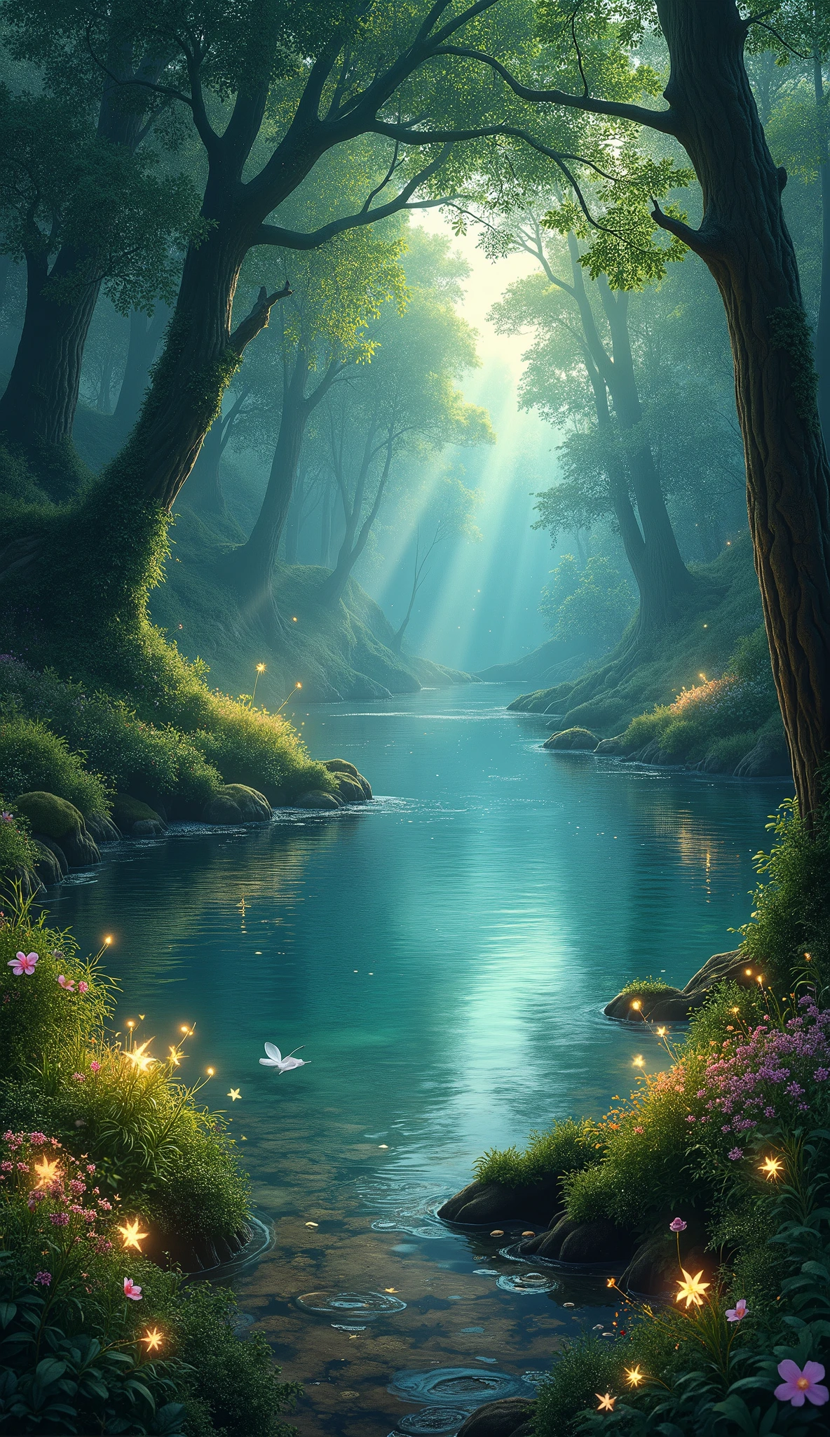 forest　lake　Small animals　Fantasy　fire Fly