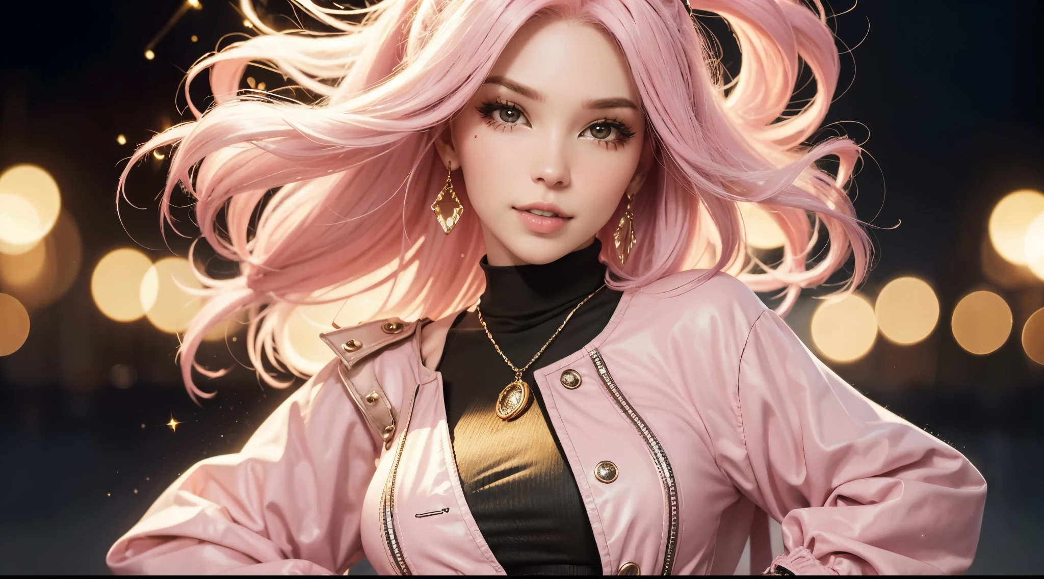 1girl, upper body, (full body shot:1.2), glittering turtleneck sweater, glitter dust, detailed face, looking at viewer, detailed lips, (gigantic breasts), long smooth hair, intricate opulent earring, snug-fitted cropped jacket, open jacket, high-end materials, blurry background, bokeh, highest quality, masterpiece, blonde, shining eyes, sparkling eyes, steampunk style, light clothing, pink clothing, pink hair,