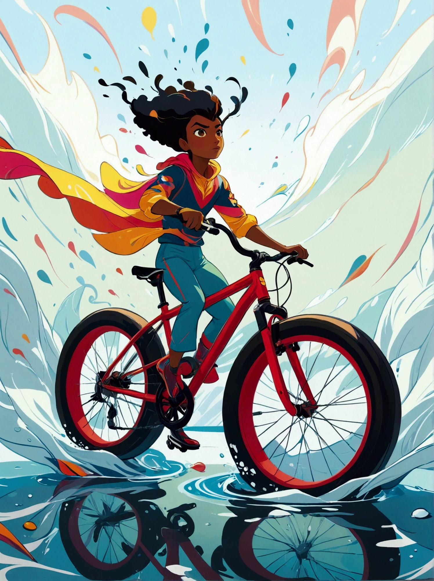 ([negative space:0.8:1.5]), Illustrate a daring and fearless individual performing a stunt where they are riding a bicycle on the surface of a calm lake. The rider, of ambiguous gender and Black descent, displays a strong and focused expression testifying their determination. In the midst of unfathomable adventure sports, the individual is portrayed mid-action, showcasing extreme sportsmanship. The scene should bear semblance to visible elements prominent in bright, vibrant color schemes, known characteristics of pre-1912 abstract art, and a splash of surrealism. Aim to capture the exhilaration and  of the moment like the imagery of a high-speed camera, freezing motion, and accentuating every detail in this fantastical reality. The image should whisper in dramatic undertones, 'YOU CAN DO IT', colorful cartoon-style illustration from an award winning animated movie, illustrated in bold outlines, showcasing its colors and shapes. The character is depicted adorned colorful energy against a white background, [mythical creature:0.8]