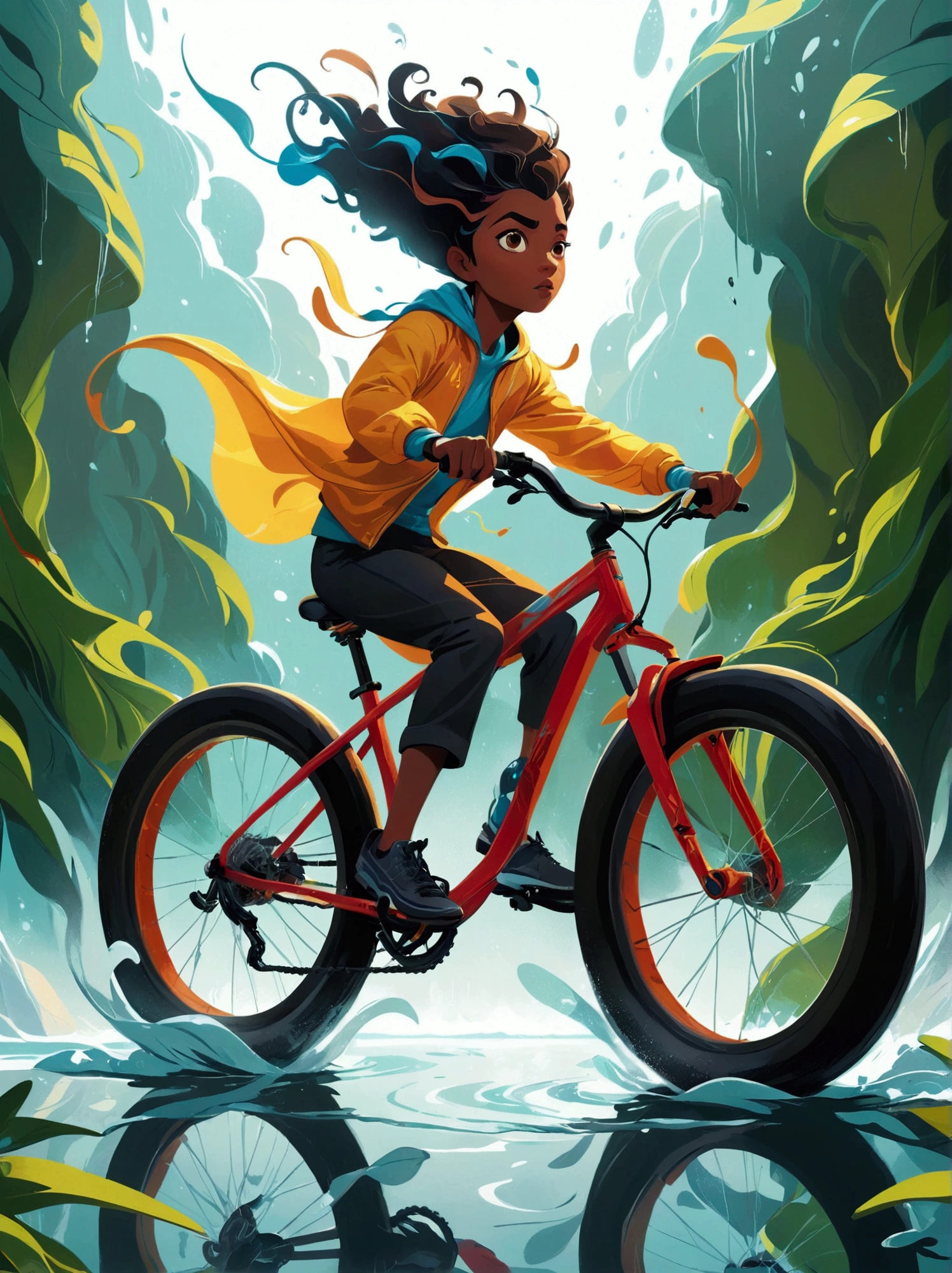 ([negative space:0.8:1.5]), Illustrate a daring and fearless individual performing a stunt where they are riding a bicycle on the surface of a calm lake. The rider, of ambiguous gender and Black descent, displays a strong and focused expression testifying their determination. In the midst of unfathomable adventure sports, the individual is portrayed mid-action, showcasing extreme sportsmanship. The scene should bear semblance to visible elements prominent in bright, vibrant color schemes, known characteristics of pre-1912 abstract art, and a splash of surrealism. Aim to capture the exhilaration and  of the moment like the imagery of a high-speed camera, freezing motion, and accentuating every detail in this fantastical reality. The image should whisper in dramatic undertones, 'YOU CAN DO IT', colorful cartoon-style illustration from an award winning animated movie, illustrated in bold outlines, showcasing its colors and shapes. The character is depicted adorned colorful energy against a white background, [mythical creature:0.8]