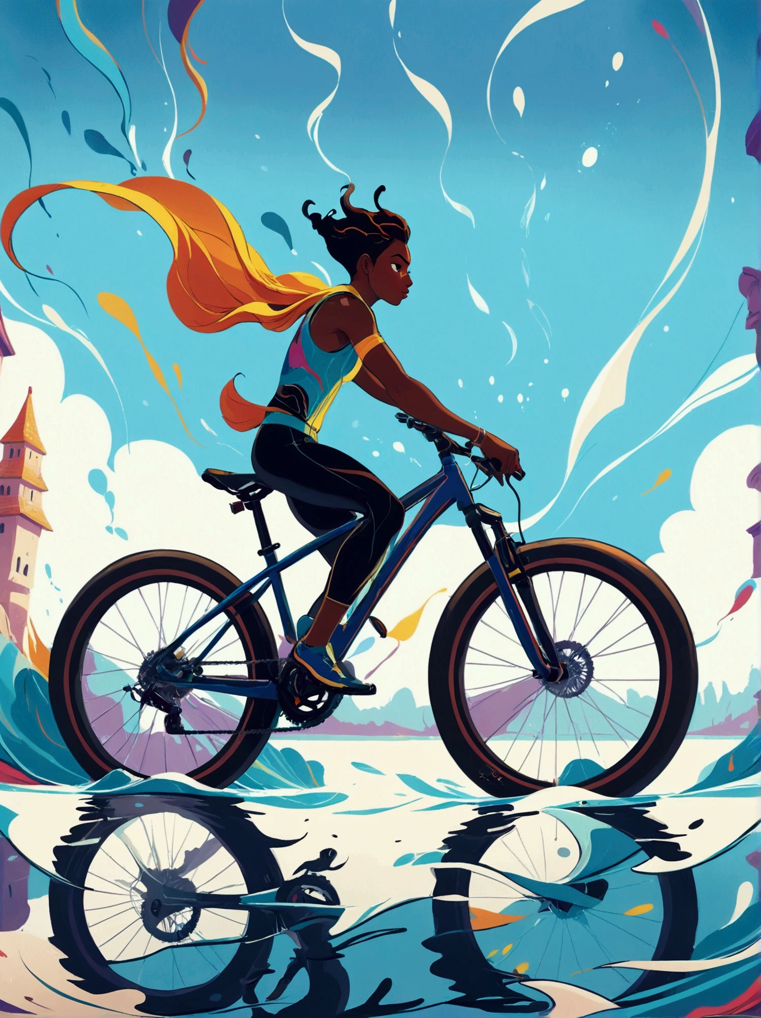 ([negative space:0.8:1.5]), Illustrate a daring and fearless individual performing a stunt where they are riding a bicycle on the surface of a calm lake. The rider, of ambiguous gender and Black descent, displays a strong and focused expression testifying their determination. In the midst of unfathomable adventure sports, the individual is portrayed mid-action, showcasing extreme sportsmanship. The scene should bear semblance to visible elements prominent in bright, vibrant color schemes, known characteristics of pre-1912 abstract art, and a splash of surrealism. Aim to capture the exhilaration and  of the moment like the imagery of a high-speed camera, freezing motion, and accentuating every detail in this fantastical reality. The image should whisper in dramatic undertones, 'YOU CAN DO IT', colorful cartoon-style illustration from an award winning animated movie, illustrated in bold outlines, showcasing its colors and shapes. The character is depicted adorned colorful energy against a white background, [mythical creature:0.8]