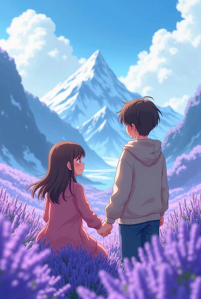 Potrait illustration, hd, high contrast, photorealism(1.2) the girl in anime style (blushing-1.3), fantasy background, the girl is sitting in a lavendar field. A guy is standing near her and she is holding his hand. The girl and the guy is facing their back side and facing towards the snowy mountain.